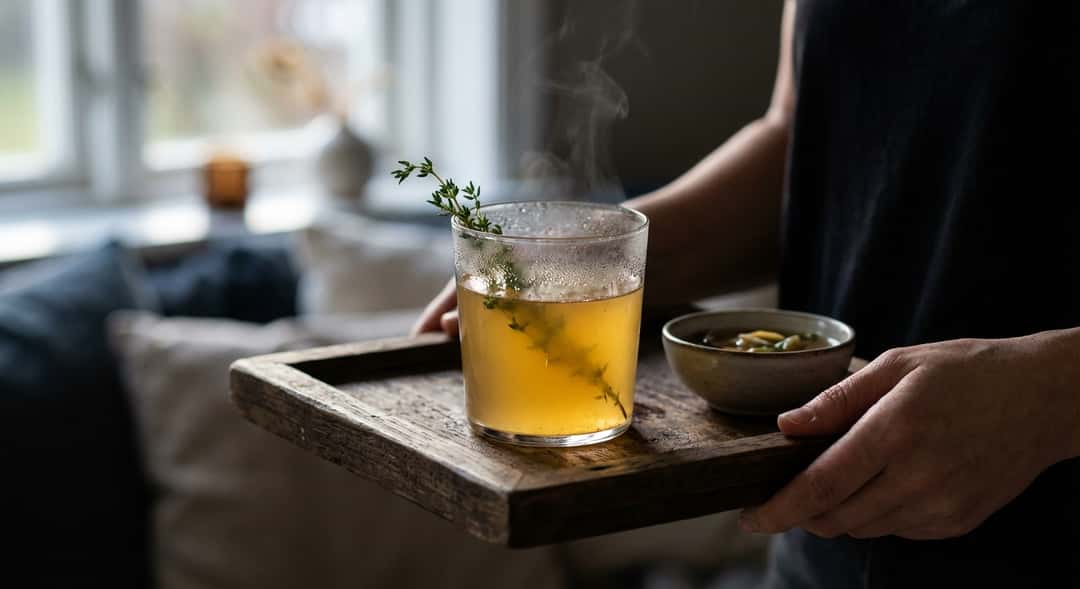 Et dampende glass med gyllen buljongbasert drink, dekorert med frisk timian, servert på rustikk trebrikke med kveldslys