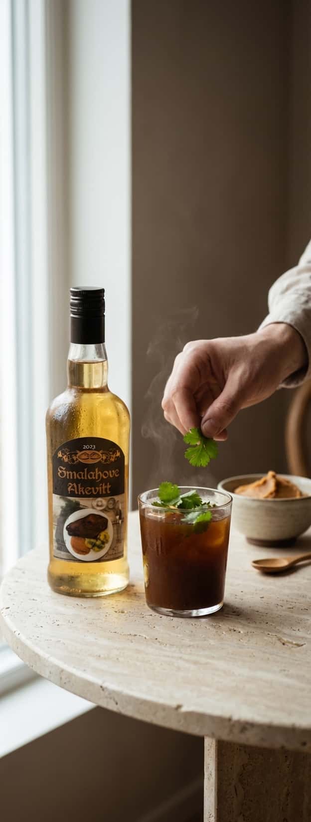 – flaske Atlungstad Smalahove Akevitt ved siden av et dampende glass med misodrinken, korianderblader som dekorasjon (At