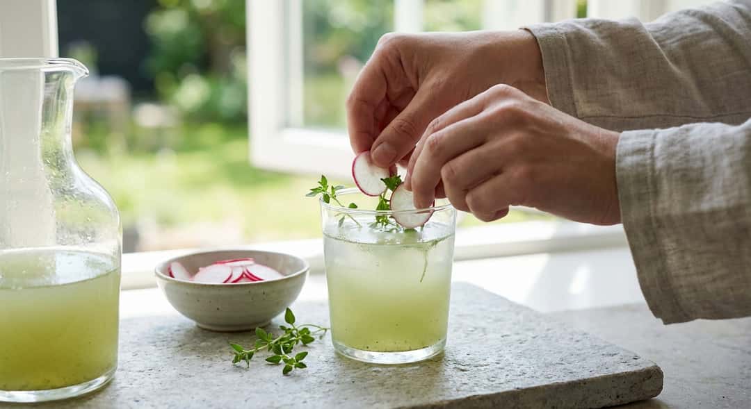 Transparent glass med grønnfarget urtedrikk, ferske urter flyter på toppen, reddikskiver som dekorasjon, lysgrønn stemni