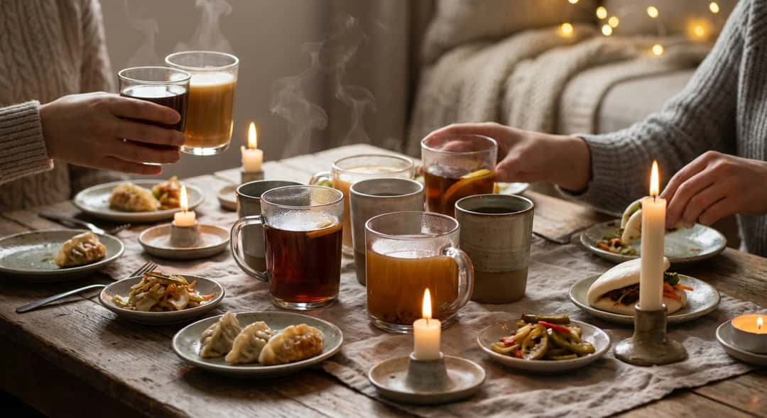 Vennegjengen rundt et bord, varme drinker i glass, små tallerkener med asiatiske småretter, avslappet og hyggelig stemni