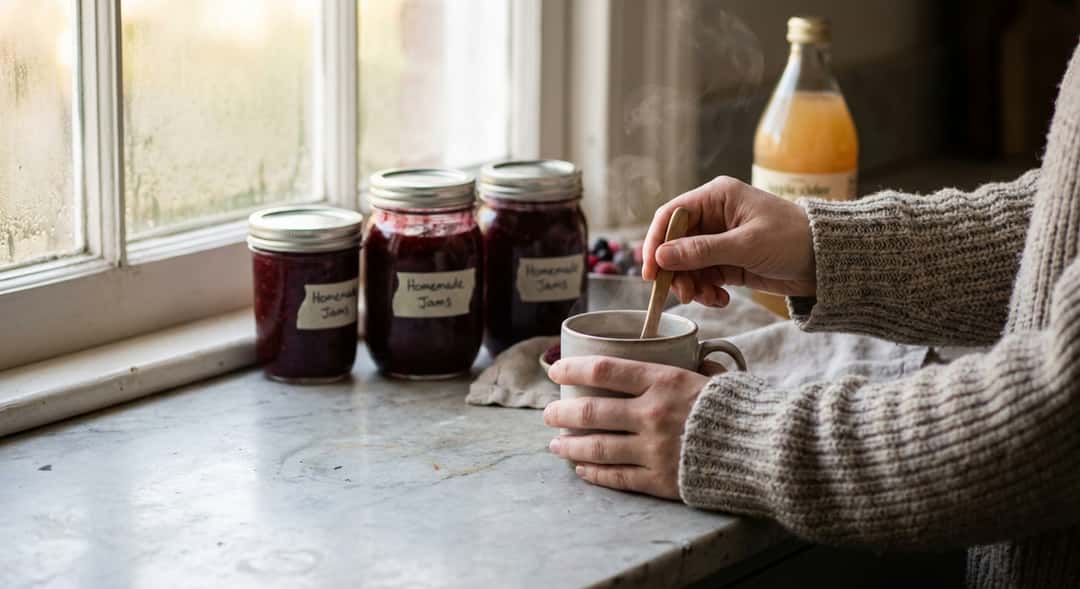 Three jars of homemade jam — raspberry, blackcurrant and lingonberry — on a wooden kitchen counter with warm winter light through the window