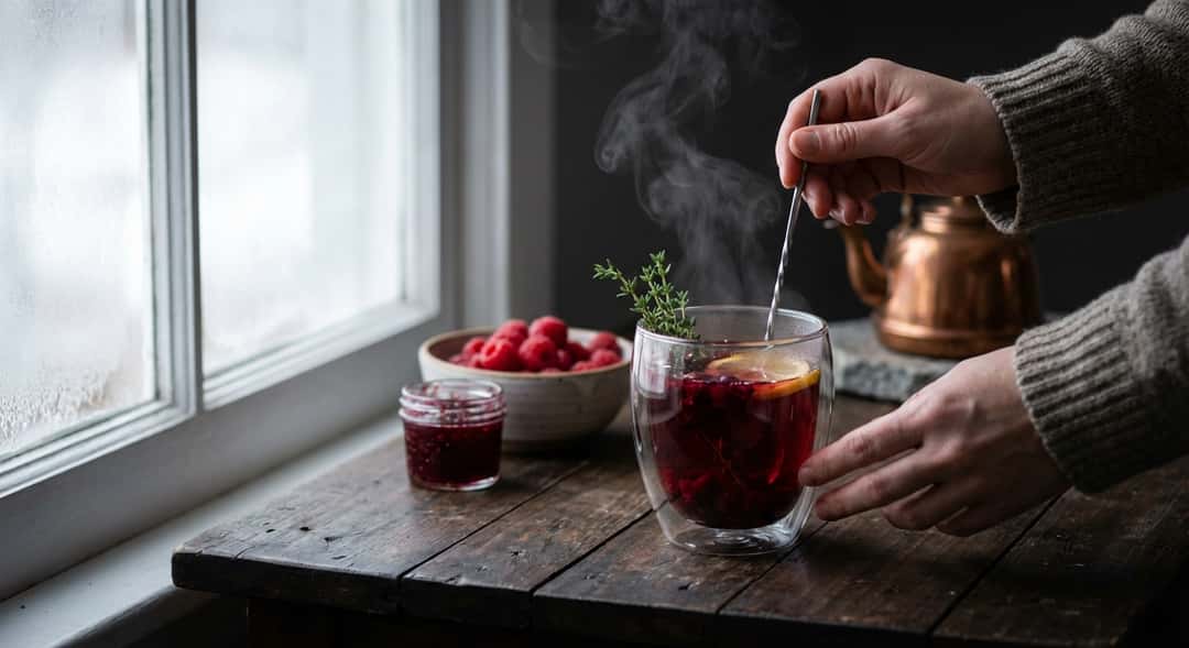 Finished raspberry toddy in a glass with wisps of steam, a lemon slice and thyme on top, dark wooden table