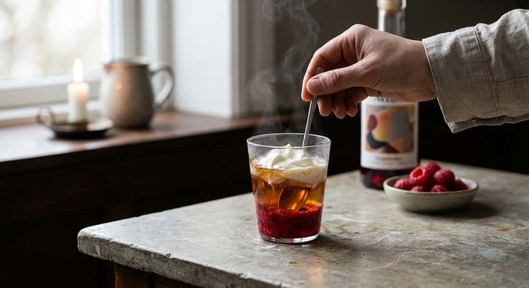 Double raspberry topper in a glass with a cream top, wisps of steam, dark wooden table with a candle in the background, (Attåt bringebærlikør)