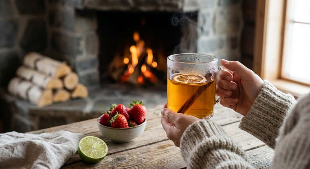 Hands holding a warm glass of toddy, a fireplace in the background, cozy cabin atmosphere