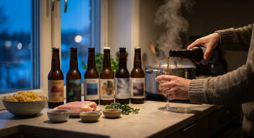 A well-organized kitchen with seven different bottles of beer on the counter, each placed next to ingredients like pasta, chicken