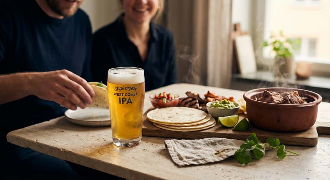 IPA glass with golden-coloured beer next to a taco spread with all the trimmings, warm evening atmosphere, steam rising from the meat