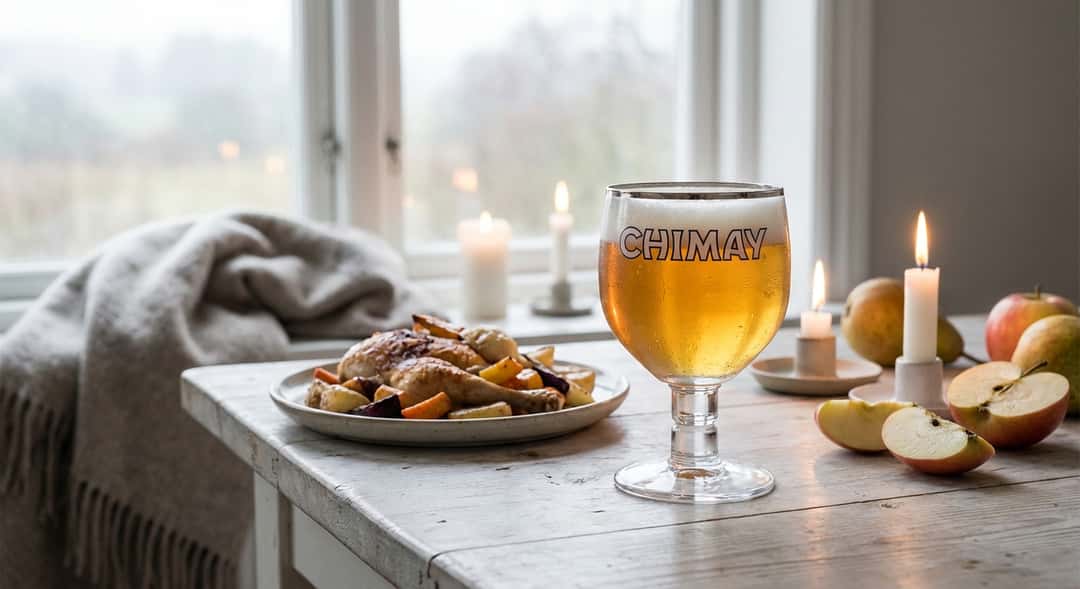 A plate of fried chicken and root vegetables next to a Chimay glass filled with golden beer, candles in the background