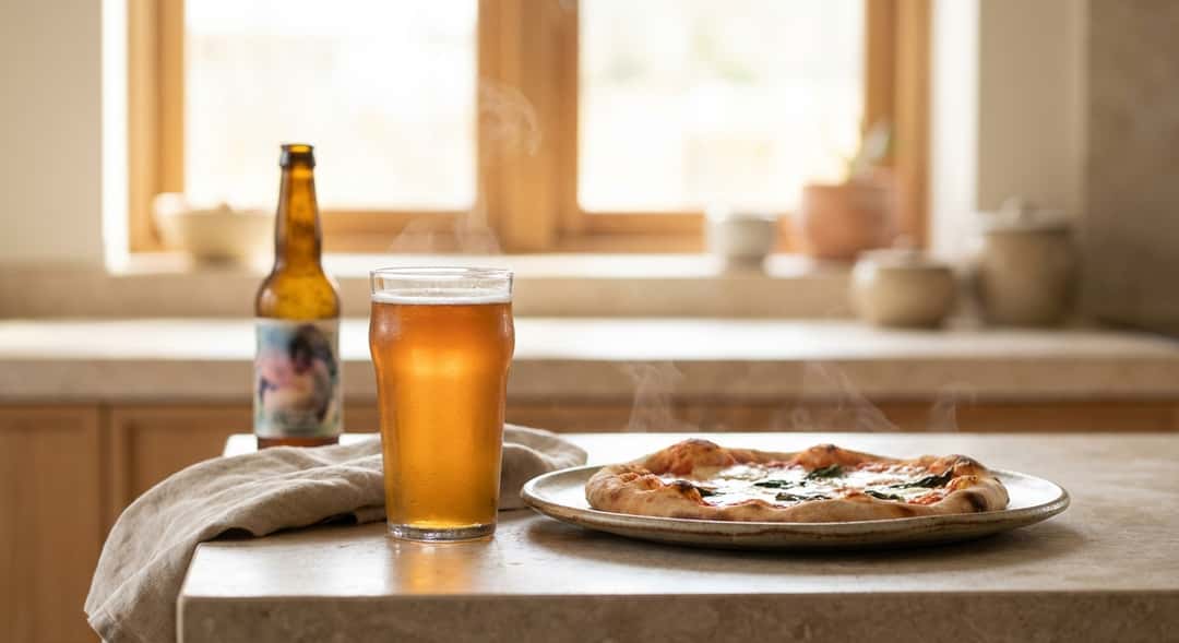 Tørst Pennyless Pale Ale next to a freshly baked pizza, steam rising from both the pizza and the glass, warm kitchen lighting