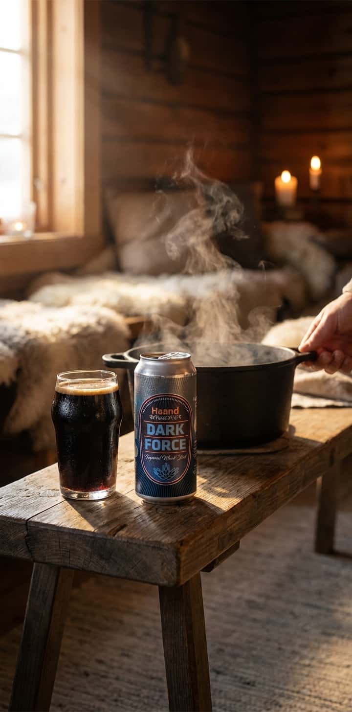 A steaming pot on the table next to a bottle and glass of dark porter, dark wooden bench, cosy winter atmosphere