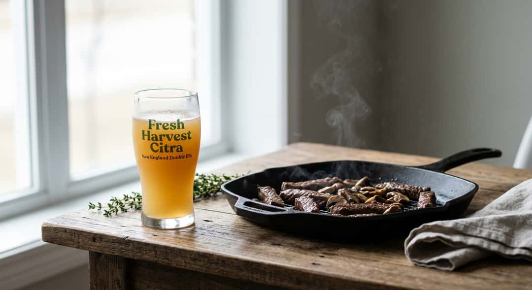 A grill pan with juicy strips of steak and mushrooms, next to a dewy glass of IPA in window light, smoke rising from the pan
