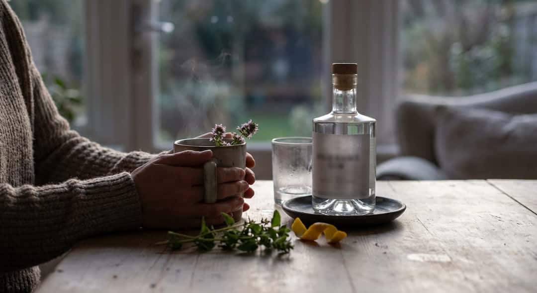 Ångande tekopp med blommande örter och ett fat med gin-flaska i bakgrunden, varmt kvällsljus från fönstret