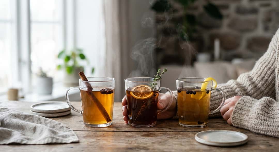 Tre olika glas med varma drycker sida vid sida på trä, ånga stiger från glasen, olika garnityrer
