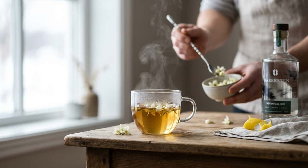 Närbild av Jasmine Hot Toddy i glas tekopp, jasminblommor flyter på ytan, ånga stiger (Bareksten Botanical Gin)