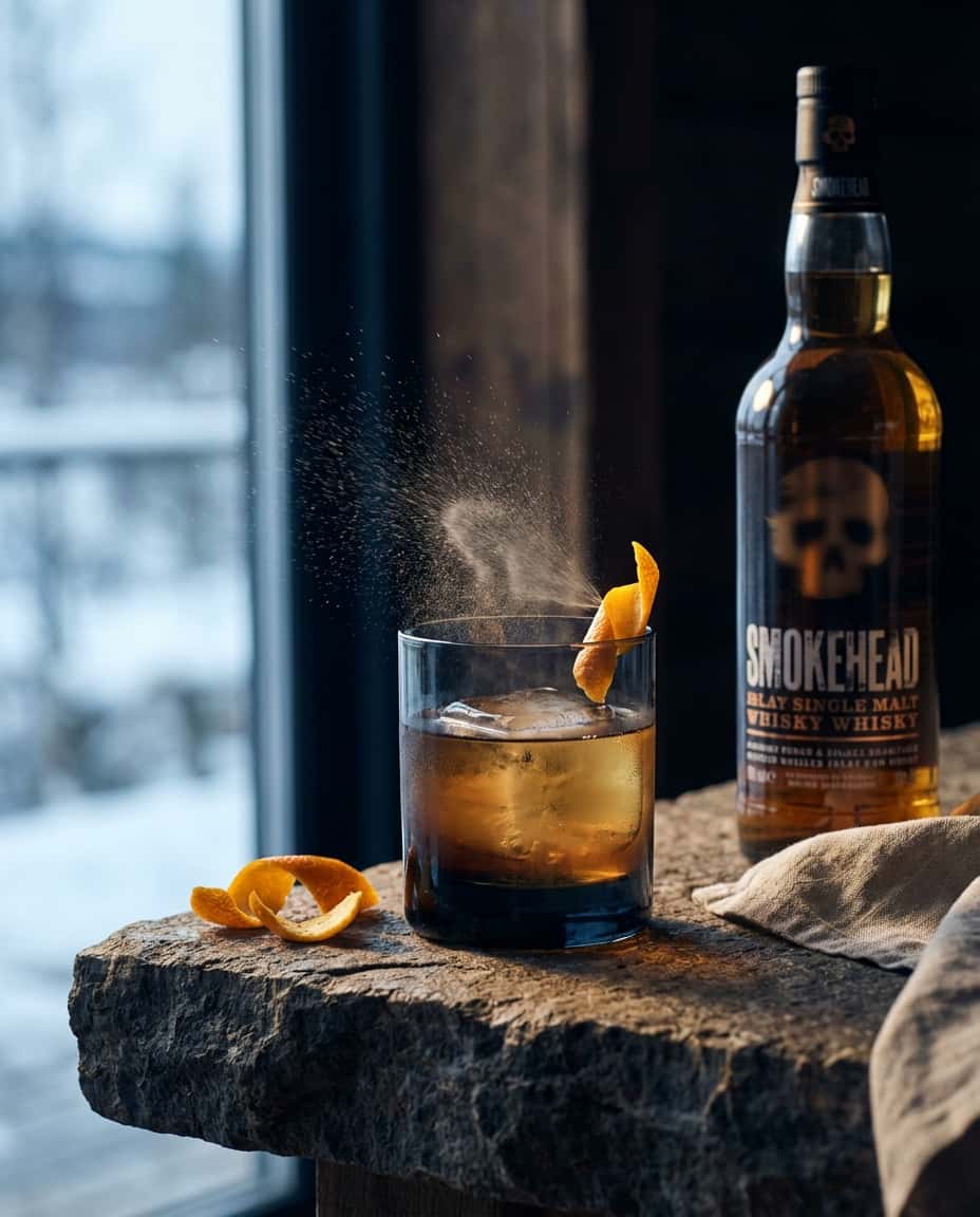 Mörkt glas med rökig drink, och apelsinskalstwist ligger på kanten, dramatiskt ljus (Smokehead Tequila Cask Terminado)