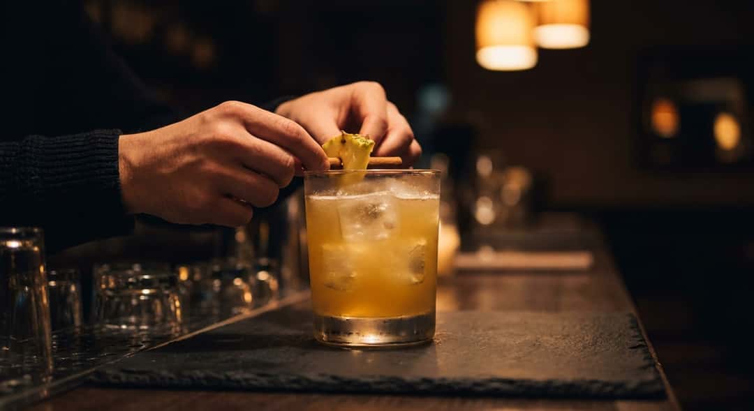 Ferdig silt tepache i et frostet glass med is, pyntet med et lite stykke fersk ananas og en kanelstang