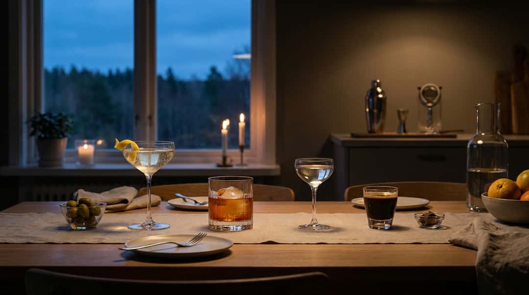 Fyra distinkta cocktailglas uppställda på rad längs ett träbord vid skymning, upplysta av varma inomhusljus med blå timmens ljus utanför fönstret.
