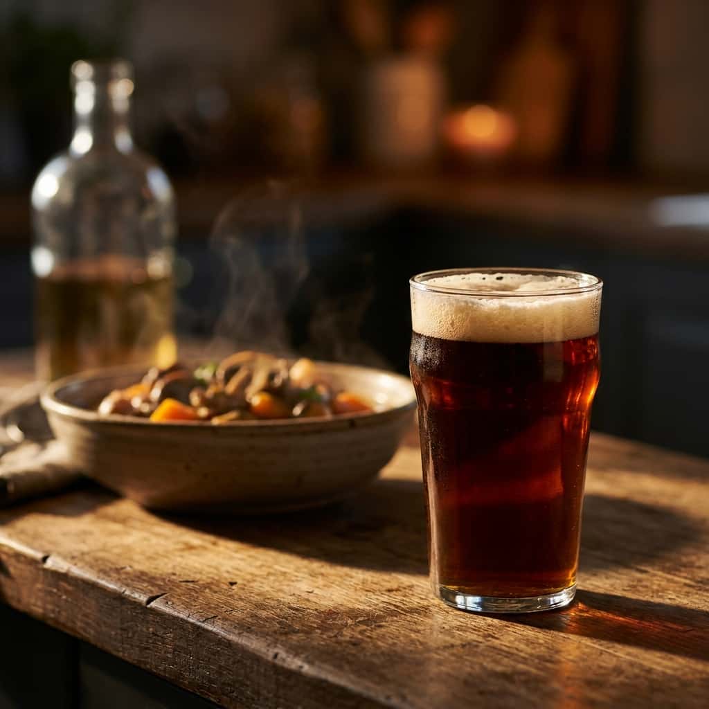 Ett glas mörk öl med skummigt vitt skum står på ett rustikt träbord bredvid en ångande gryta i varmt ljus.