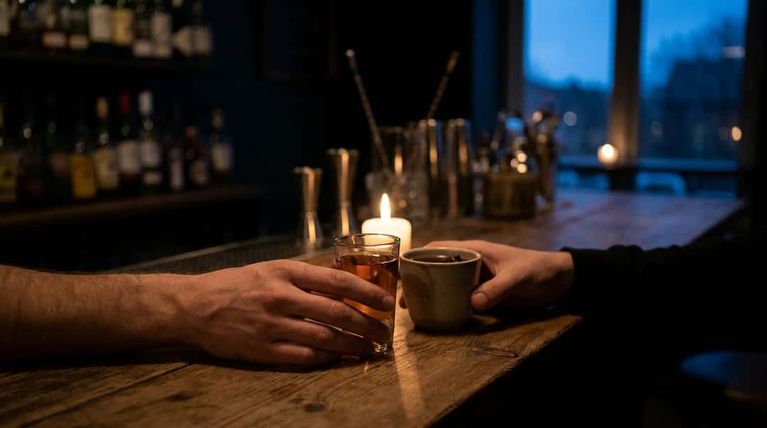 Två händer sträcker sig efter ett litet glas bärnstensfärgad digestif och en mörk keramikkopp på en trädisk upplyst av levande ljus med ett skymningsfönster i bakgrunden.