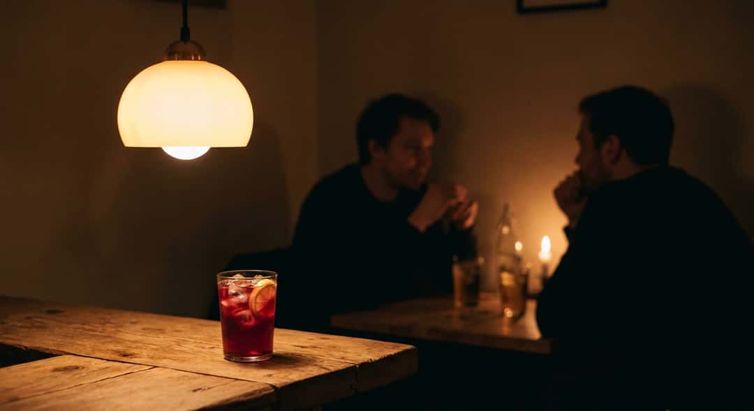 A glass of tinto de verano with ice and a lemon slice, served on a wooden table at a Spanish outdoor café, warm afternoon light