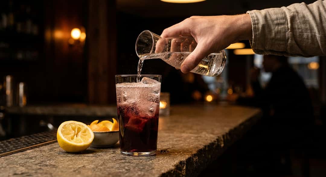 Close-up of ice and lemon soda being poured over red wine in a tall glass, bubbles rising