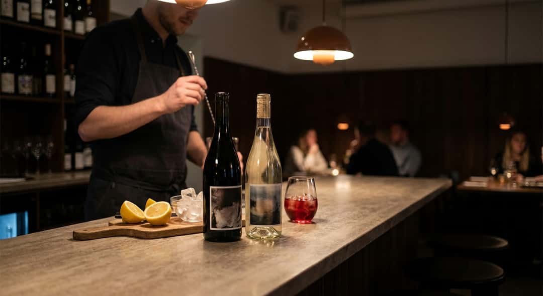 A bottle of Foillard Morgon and a bottle of Ugly Boy Summer Juicy Red side by side on a kitchen counter with lemon halves and ice