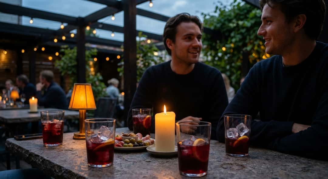 Atmospheric image of a group of friends around an outdoor table in the summer sun, with tall glasses of tinto de verano and a plate