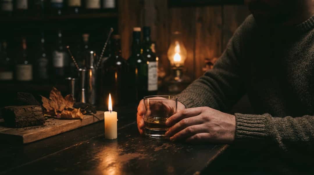Et whiskyglass på bardisken i kveldslyset, drikkerens hender varmer glasset mens høsthumøret legger seg som…