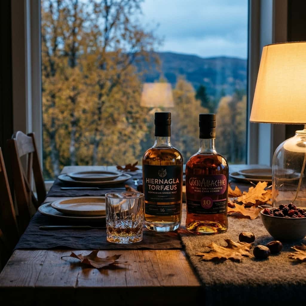Hiernagla Torfæus single malt whisky og GlenAllachie Grattamacco 10YO Single Malt Whisky på bordet foran…