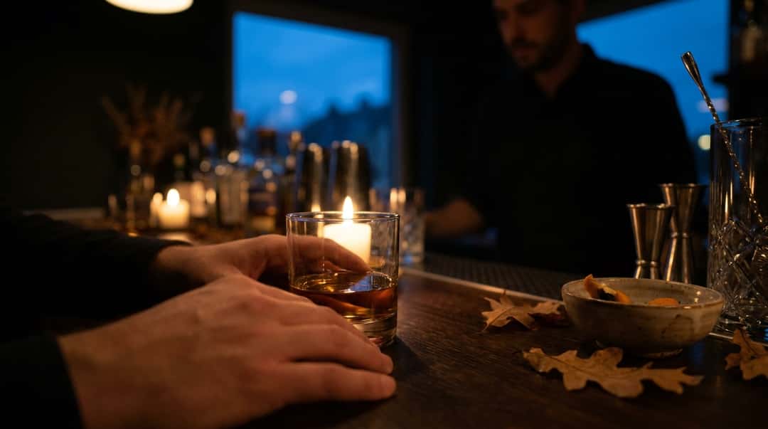 Fatlager i skummel atmosfære, rekkene av eikefat venter på å forge whiskyen mens ansatt kontrollerer lagringen