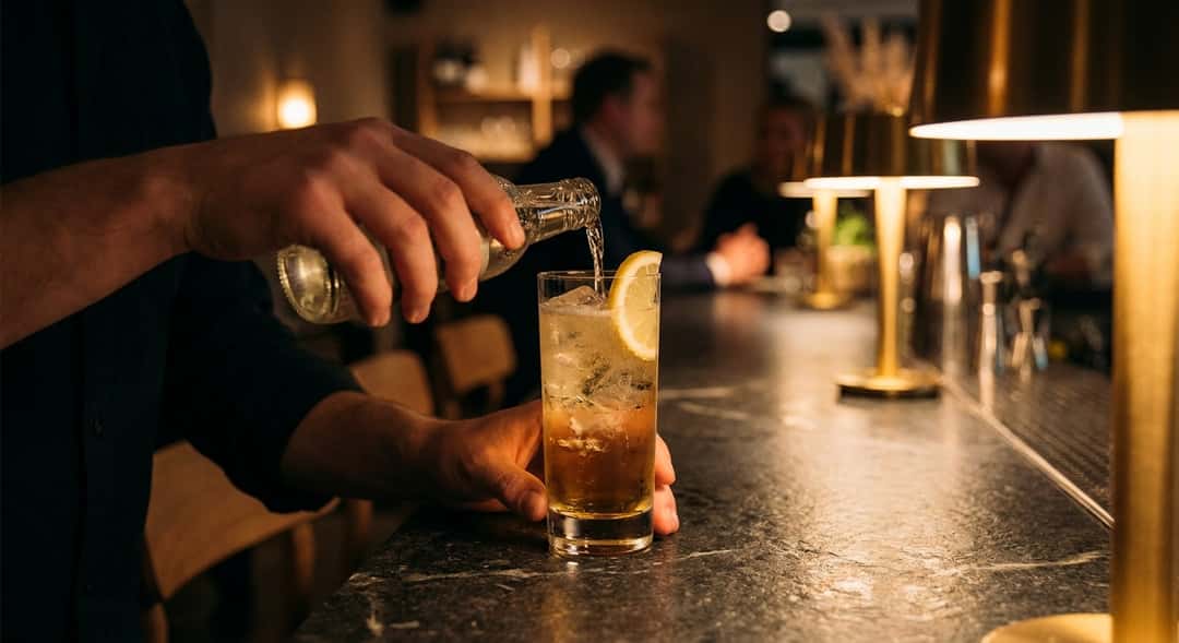 Korkea highball-lasi täynnä jäätä ja viski-soodaa, siivutettu sitruuna reunalla, valkoinen pöytä iltavalaistuksessa taustalla