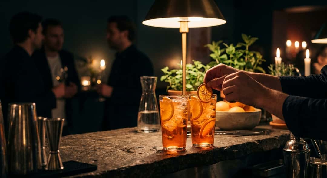 Kaksi highball-lasia oranssilla Aperol-juomalla, appelsiiniviipaleilla ja jääpaloilla, ulkotilaympäristö vihreillä kasveilla taustalla