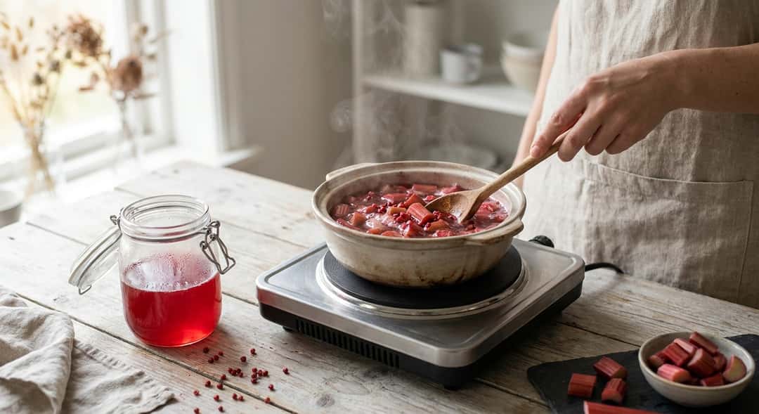 A small saucepan with rhubarb pieces and pink pepper simmering down into a clear red syrup, steam rising above the pot