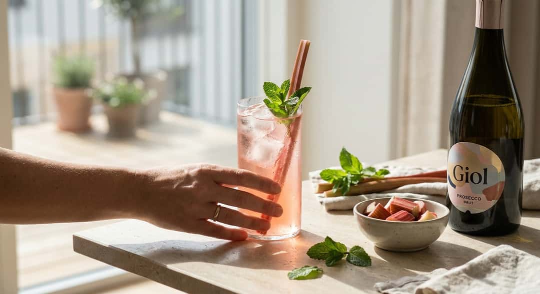 A tall glass with pink rhubarb spritz, ice cube, rhubarb piece as garnish and mint leaf, bright background with sunshine (Giol Prosec