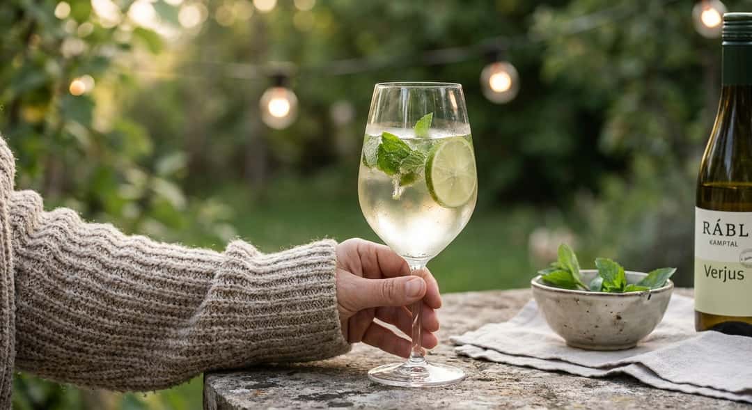 A hand holding a wine glass filled with Hugo drink, elderflower syrup and mint leaves, outdoors in a garden setting (Rabl Kampt