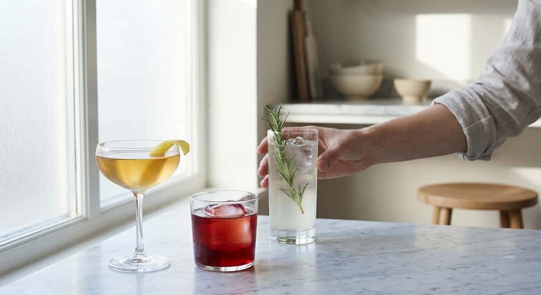 Tre eleganta cocktailglas på marmorbord, olika färger från gyllene till djupt röd, naturligt ljus från sidan