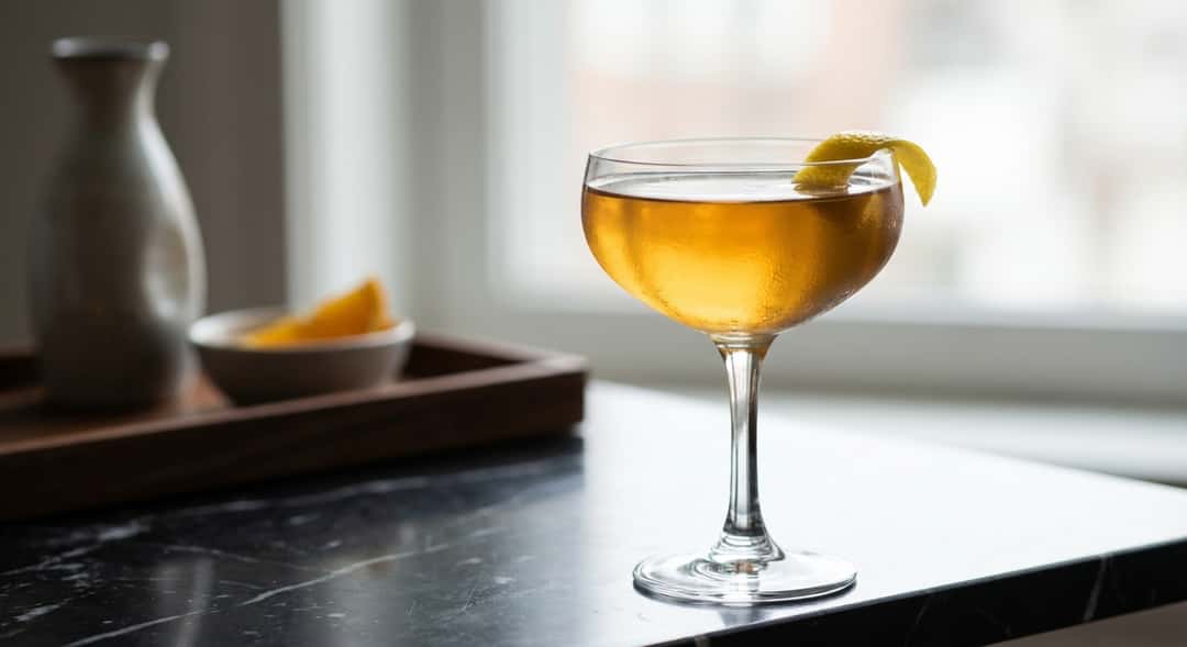 Paper Plane cocktail i coupéglas, gyllene färg, svart marmorbakgrund, minimalistisk styling
