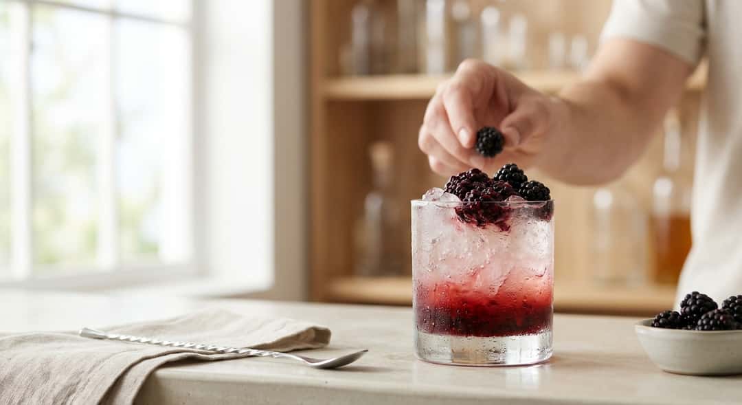 Gin Bramble i lågt glas med krossad is, mörk lila björnbärslikör marmorerad genom drinken, färska bär på toppen, (Tanqu