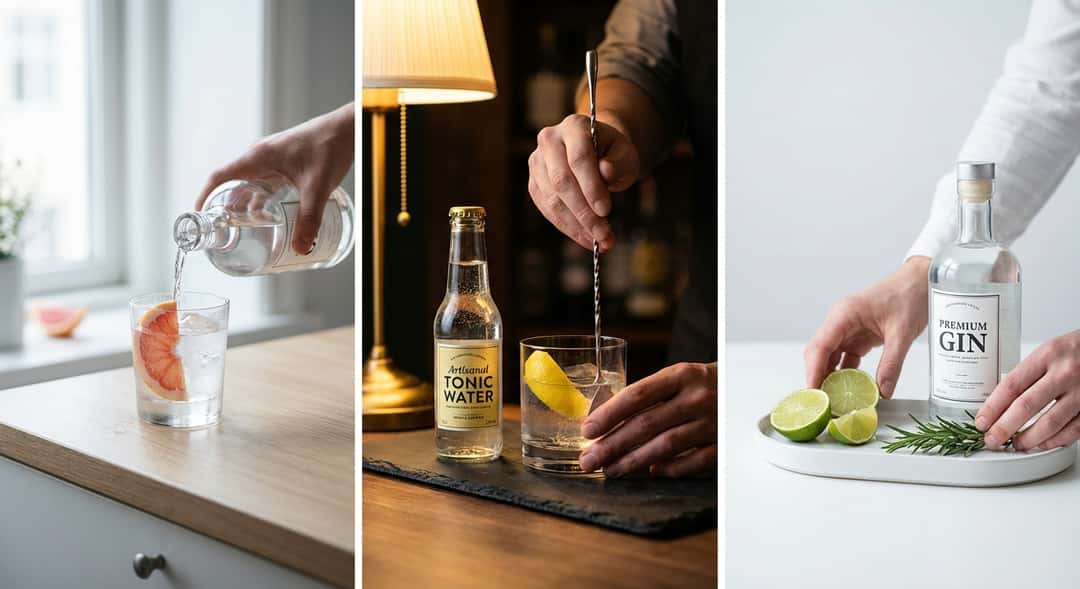 Tre enkle ingredienser – gin, tonic og sitrus – arrangert på kjøkkenbenk i naturlig lys, klare til bruk