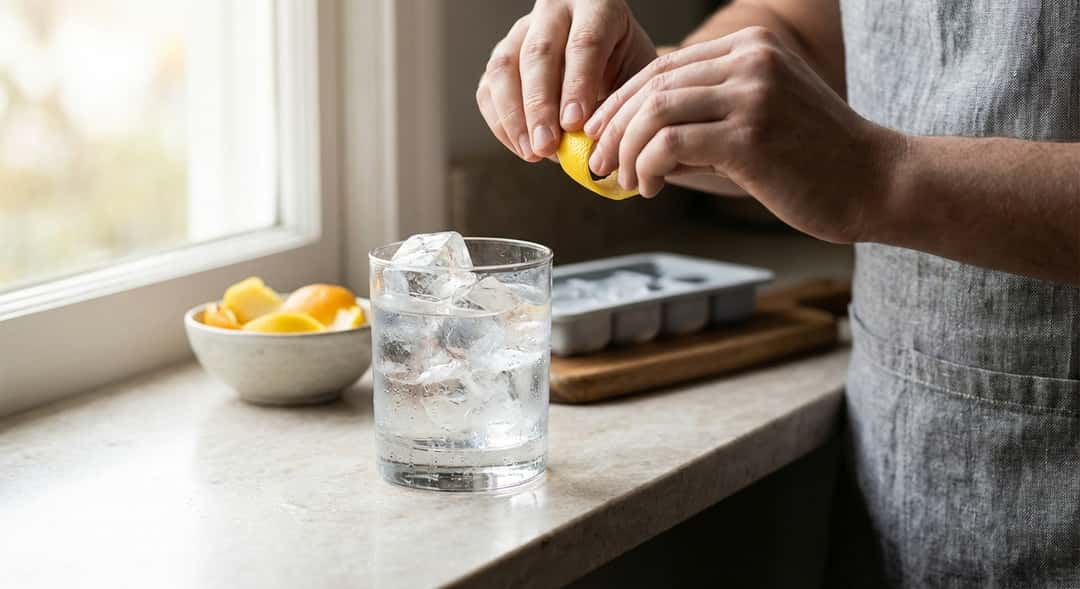 Store, klare isterninger i glass, med kondensdråper på utsiden, dramatisk lys