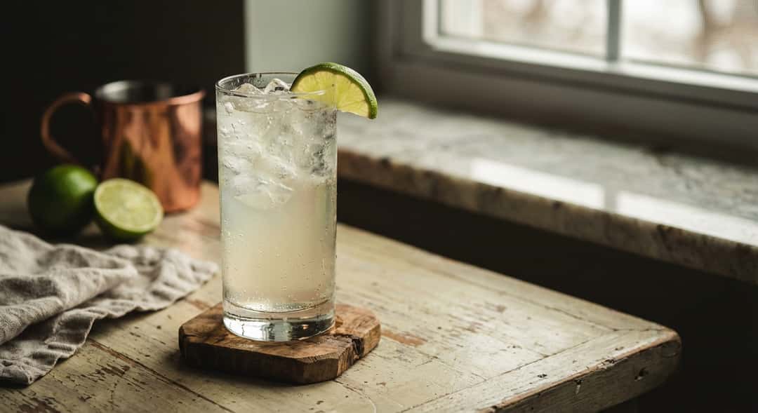 Highball-glass med mule, knust is, limebåt på kanten, rustikk treunderlag