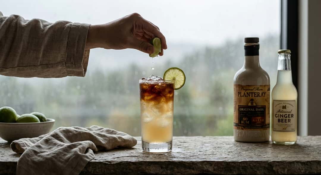 – Dark & Stormy med lagdelt rom og ginger beer, dramatisk kontrast, lime på kanten (Planteray Original Dark Rum)