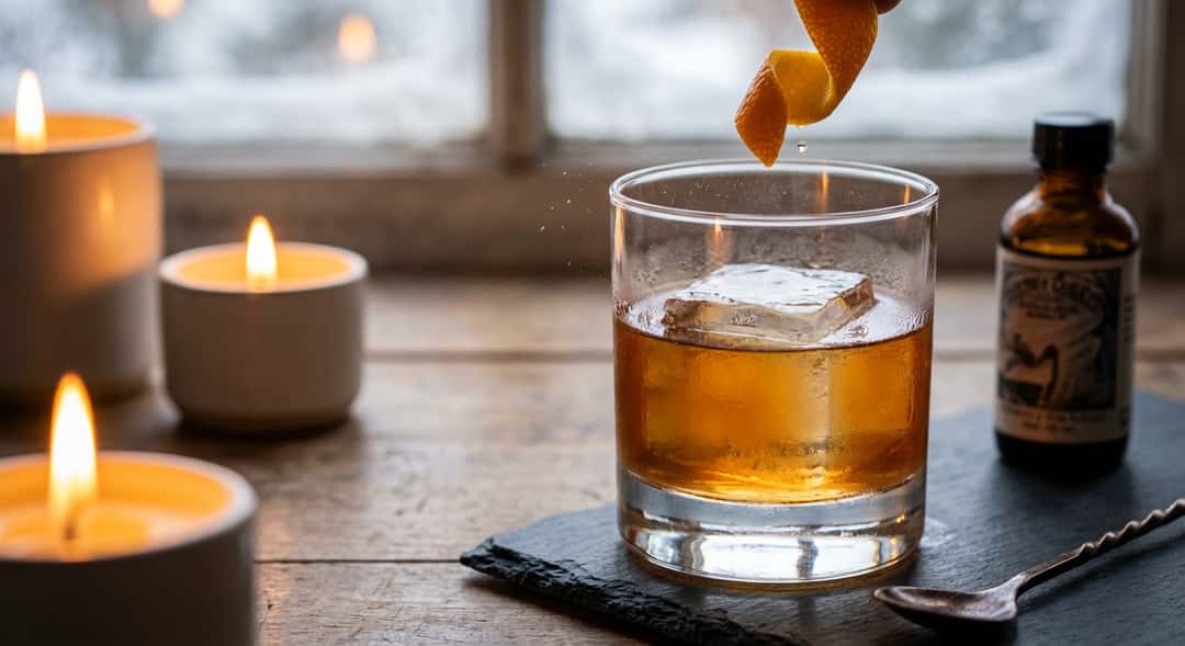Old Fashioned i kort glass med stor isterning, appelsinskvett, varmt lys fra stearinlys