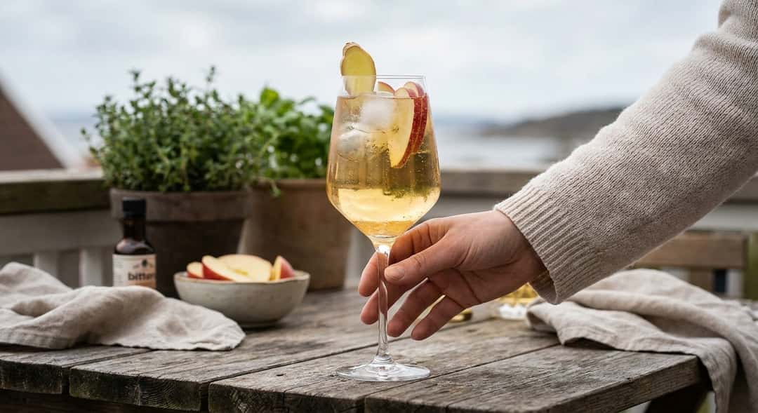 Et høyt wineglass fylt med eplevins-spritz, isbit, skive ingefær og friske epleskiver, fotografert utendørs i vårlig lys