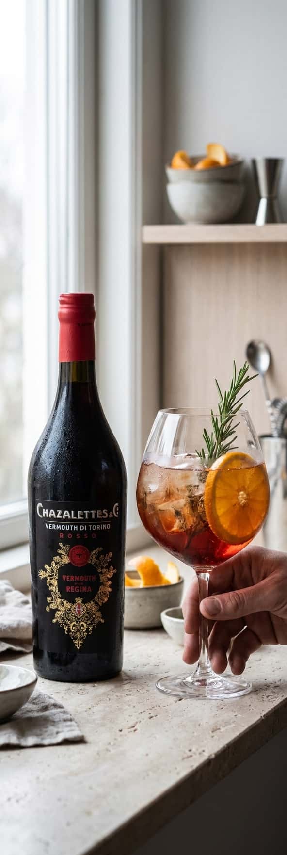 En flaske Chazalettes Vermouth della Regina ved siden av et ferdig glass spritz med sitronskive og rosmarin,
