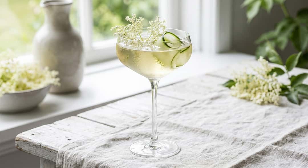 Et elegant champagneglass med hylleblomst-spritz, garnert med friske hylleblomster og agurkskiver, lyst og luftig bakgru