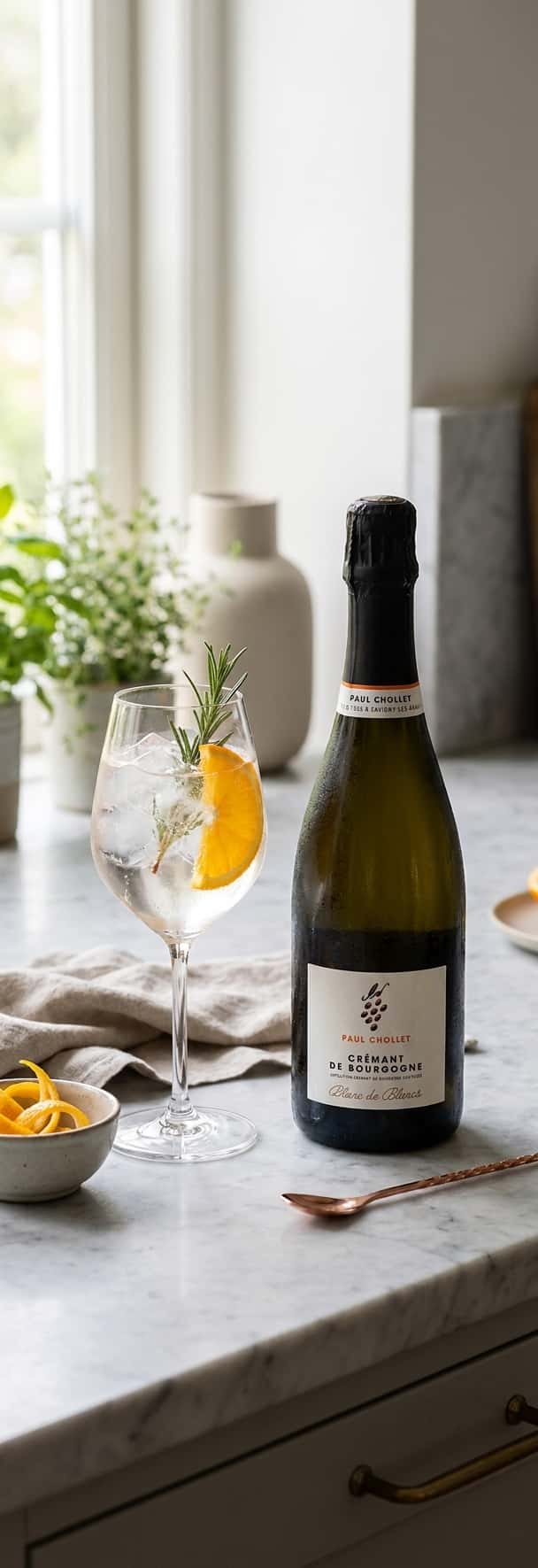 En flaske Paul Chollet Crémant de Bourgogne på et kjøkkenbord med et spritz-glass ved siden, naturlig dagslys, (Paul Cho