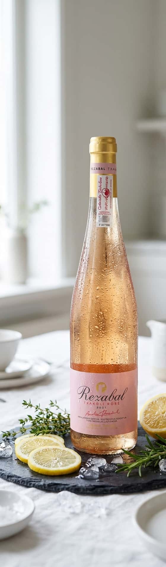 Viileä pullo Rezábal Txakoli Roséa liuskekivialustalla, ympärillä sitruunaviipaleita ja tuoreita yrttejä, luonnollinen vaalea valo