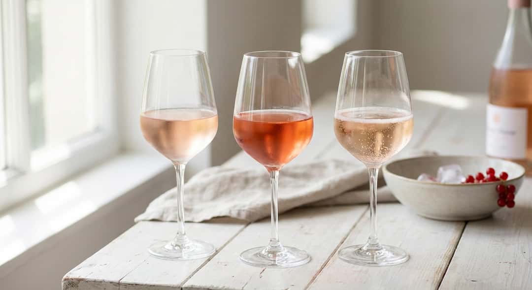 Kolme erilaista rosélasia vierekkäin – vaaleapunainen, syvänpunainen ja kuohuviini – valkoisella puupöydällä luonnollisessa päivänvalossa