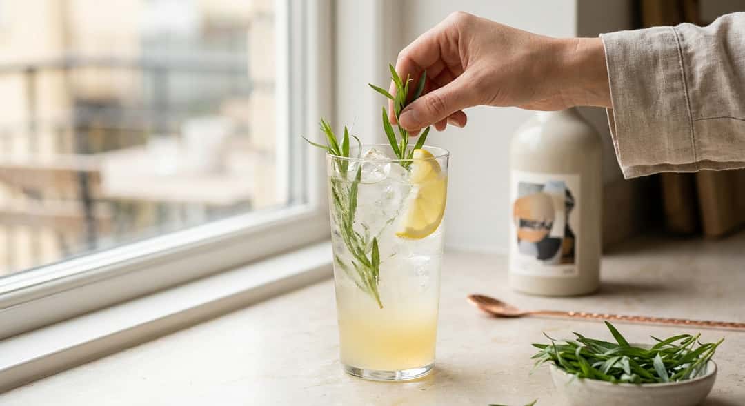 Ferdig Estragon & sitron-mule i høyt glass med isbiter, garnert med fersk estragon og sitronskive, sommerlys