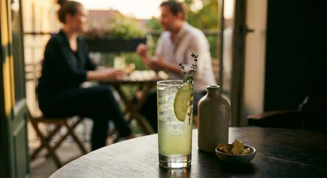 Grønt eple og ingefær-highball i høyt glass med isbiter og epleskive, folk rundt hagemobler i bakgrunnen, kveldsglød